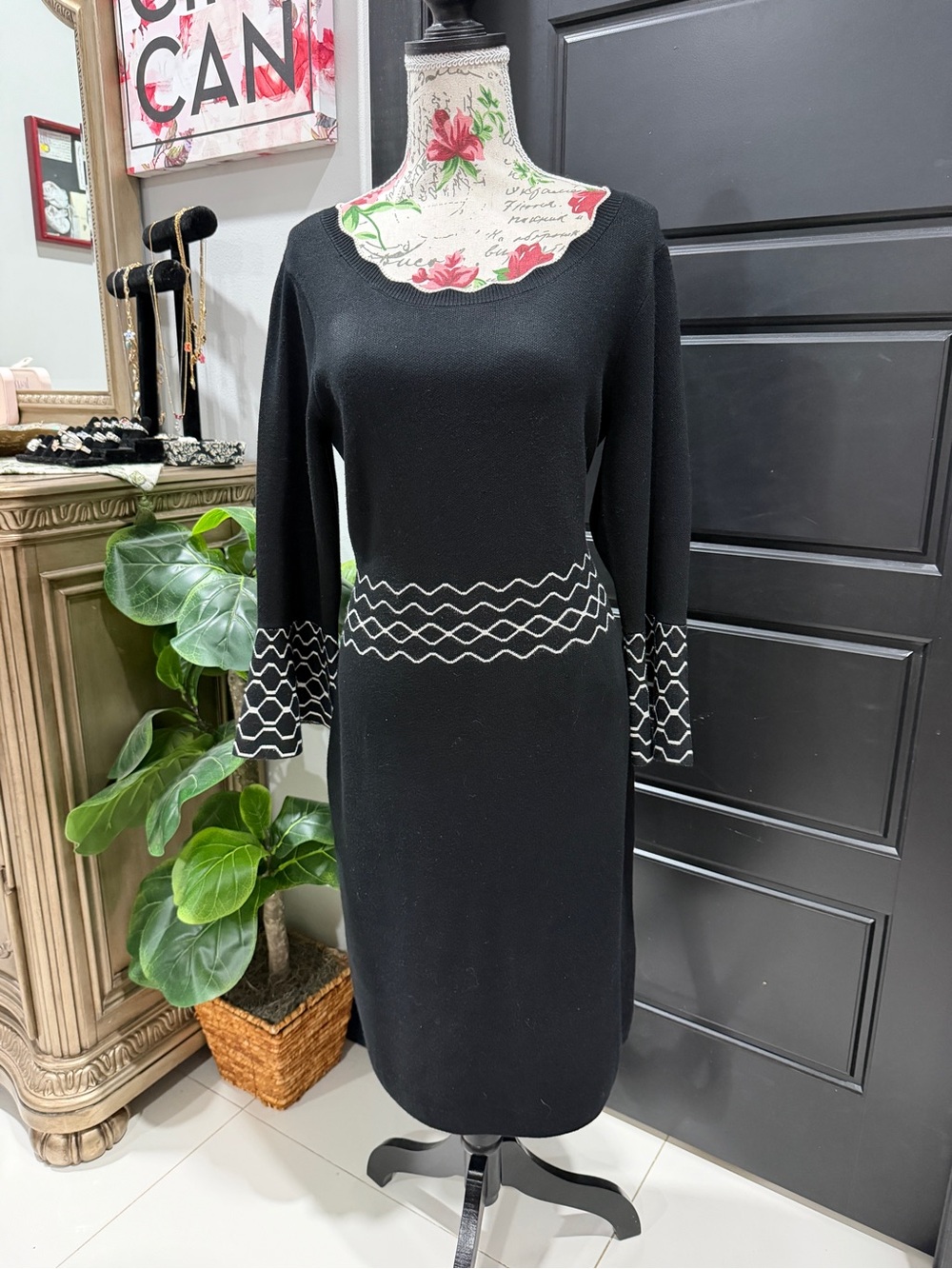 London Times Black Long-Sleeve Knit Dress with White Zigzag Detail